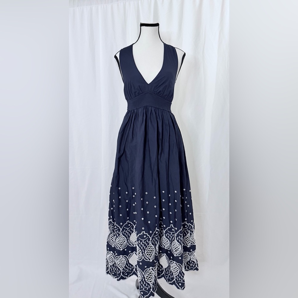 Vineyard Vines Preppy Sconset Halter Coastal Eyelet Dress Navy Fish Blue XXS NWT